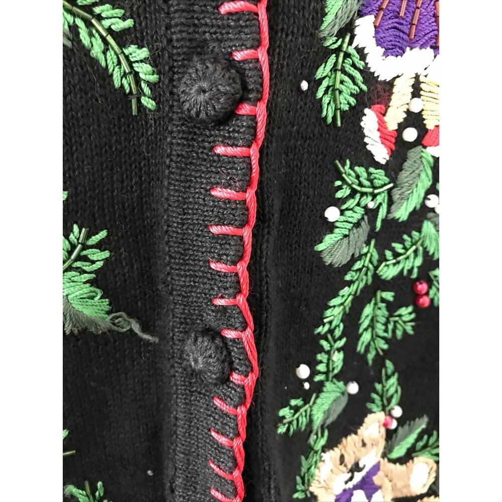 Vtg Victoria Jones Black Ugly Christmas Button Up Cardigan Sweater Vest M L 44" - Picture 4 of 8